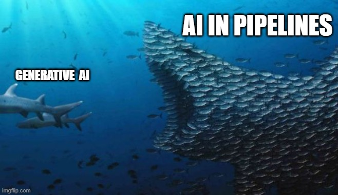 Meme of a huge school of small fish arranged in the shape of a giant fish chasing two sharks, with the school labelled AI in pipelines and the sharks labelled generative AI