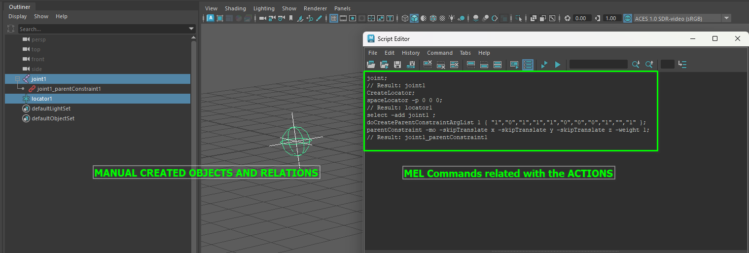Maya outliner showing manually created objects on the left, and the MEL commands they generated in the Script Editor on the right