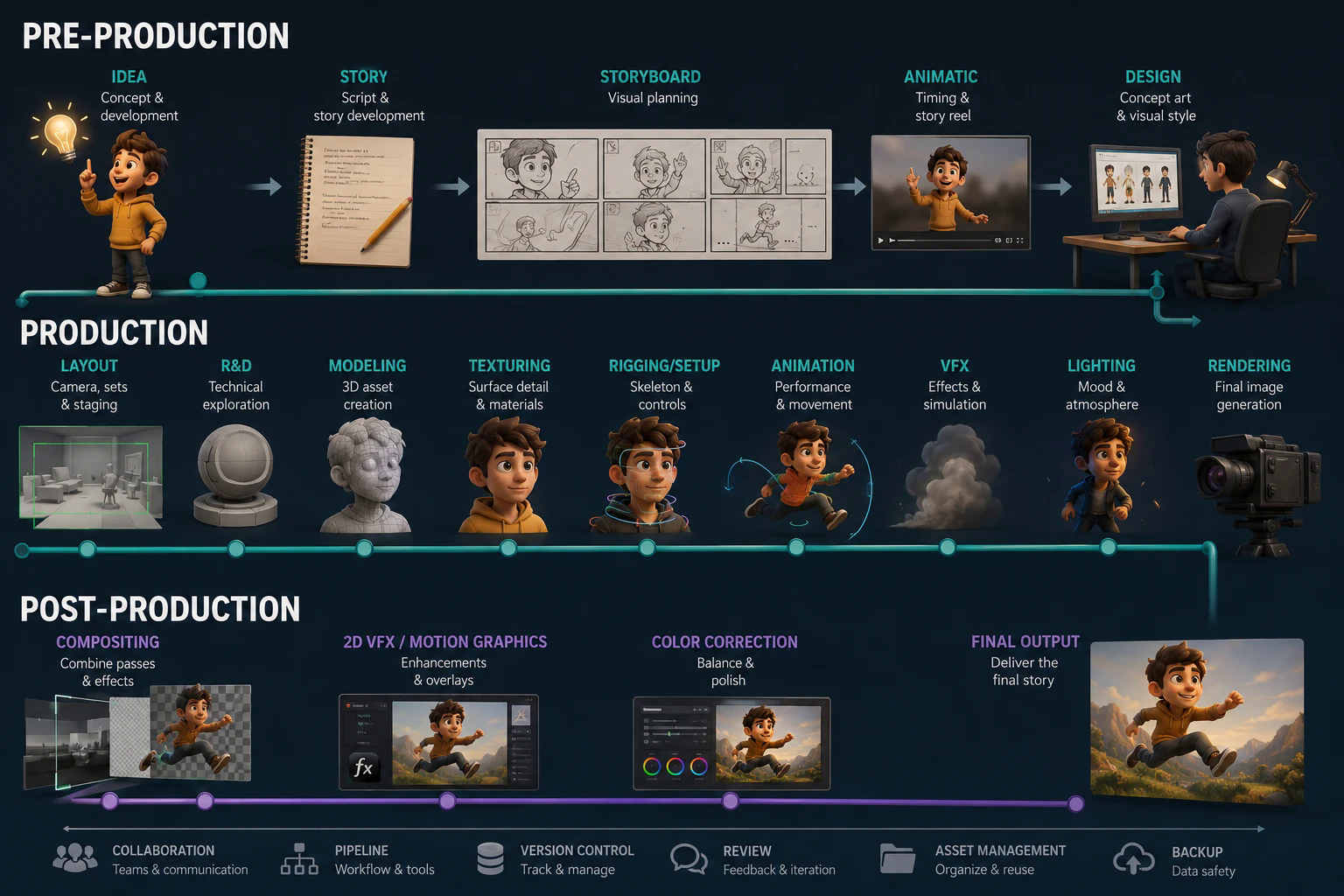 A typical animation production pipeline covering pre-production, production, and post-production stages