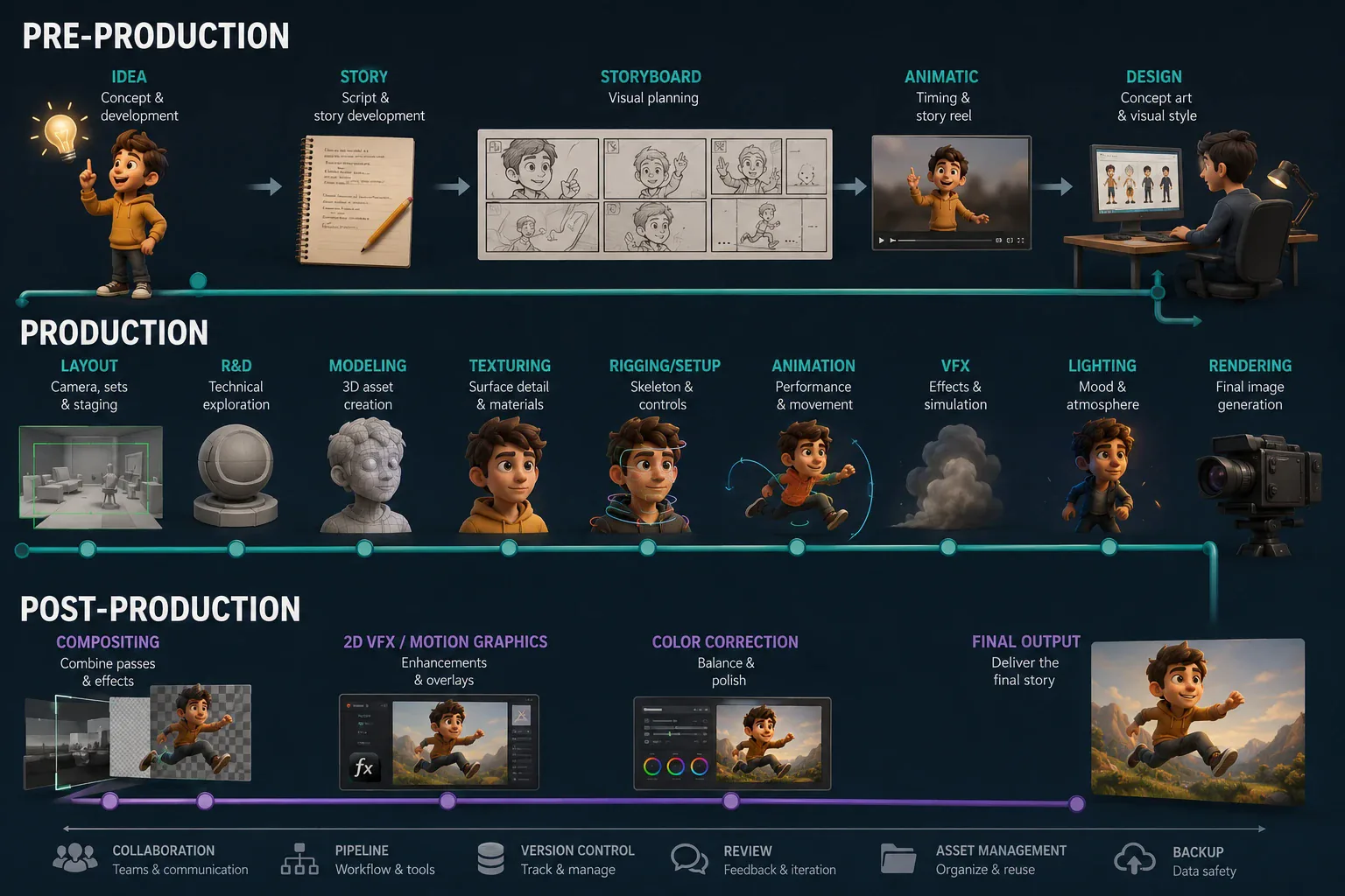 A typical animation production pipeline covering pre-production, production, and post-production stages